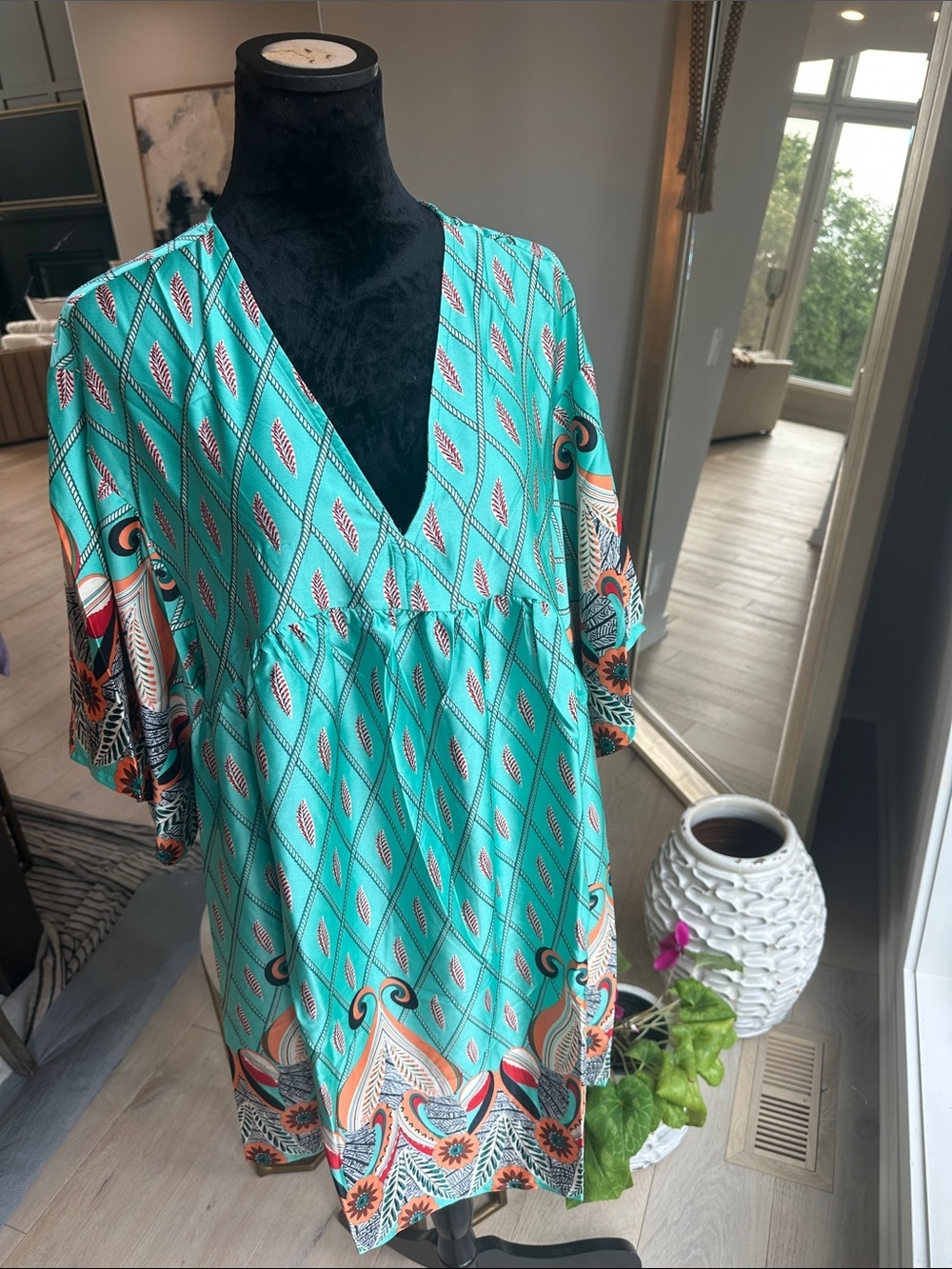 Umgee Teal Printed V-Neck Boho Tunic